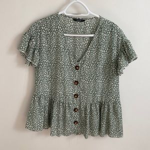 Allover Print Ruffle Trim Peplum Shirt